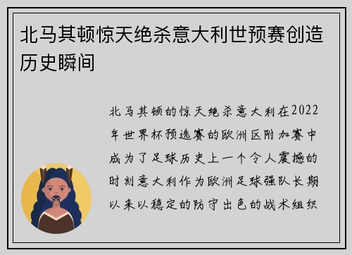 北马其顿惊天绝杀意大利世预赛创造历史瞬间